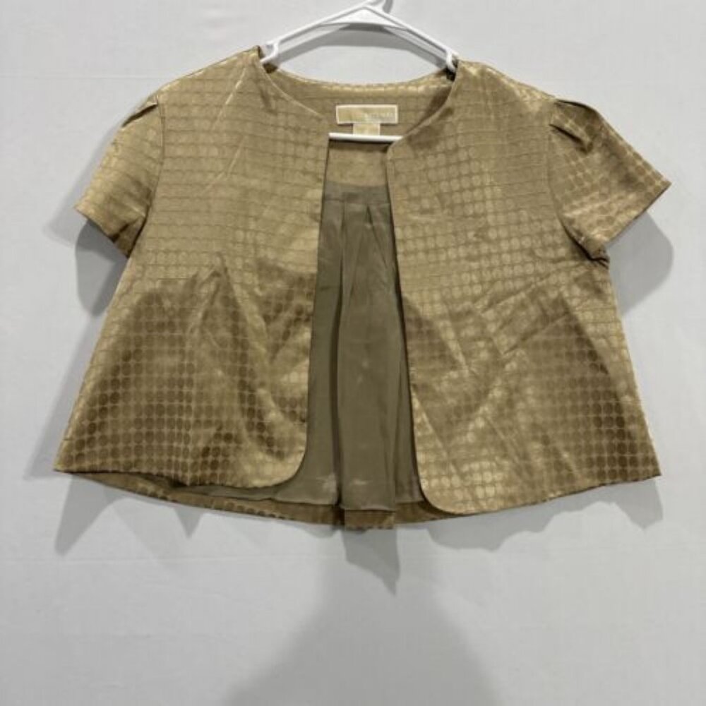 Michael Kors Short Sleeve Cropped Women’s 6  Open Front Gold Polka Dot Jacket
